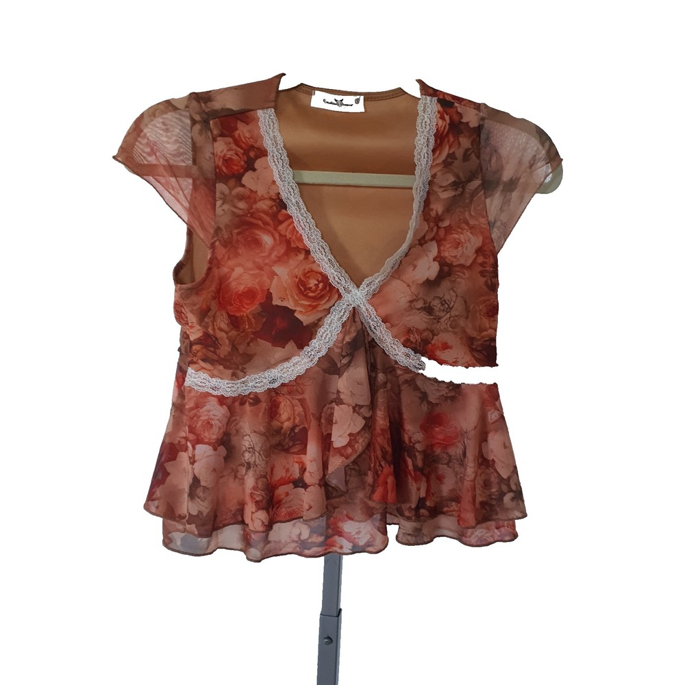 Rebellious Dreamer Sz‎ S Floral Boho Flowy V-neck Peplum Lace Trim Y2K Baby Doll